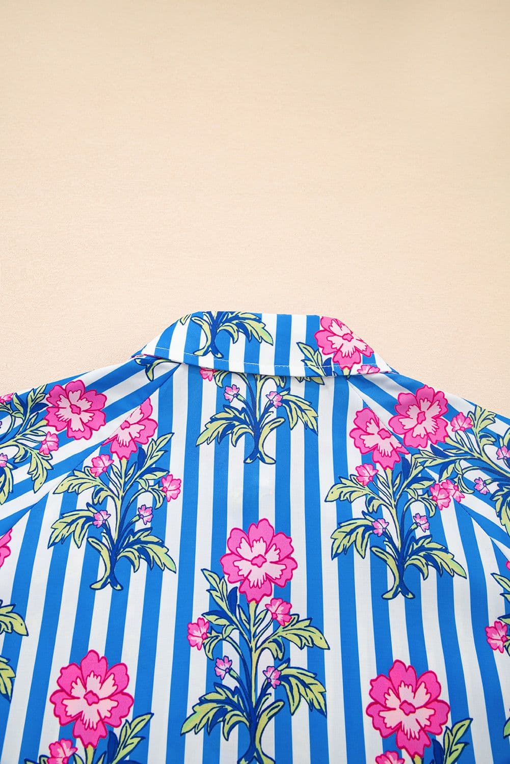 image-Blue Striped Floral Print Buttoned Cuffs Loose Fit Shirt