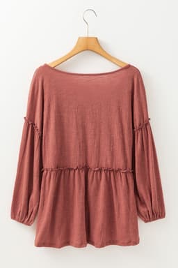 image-Mineral Red Textured Frilled Trim V Neck Blouse with Puff Sleeves