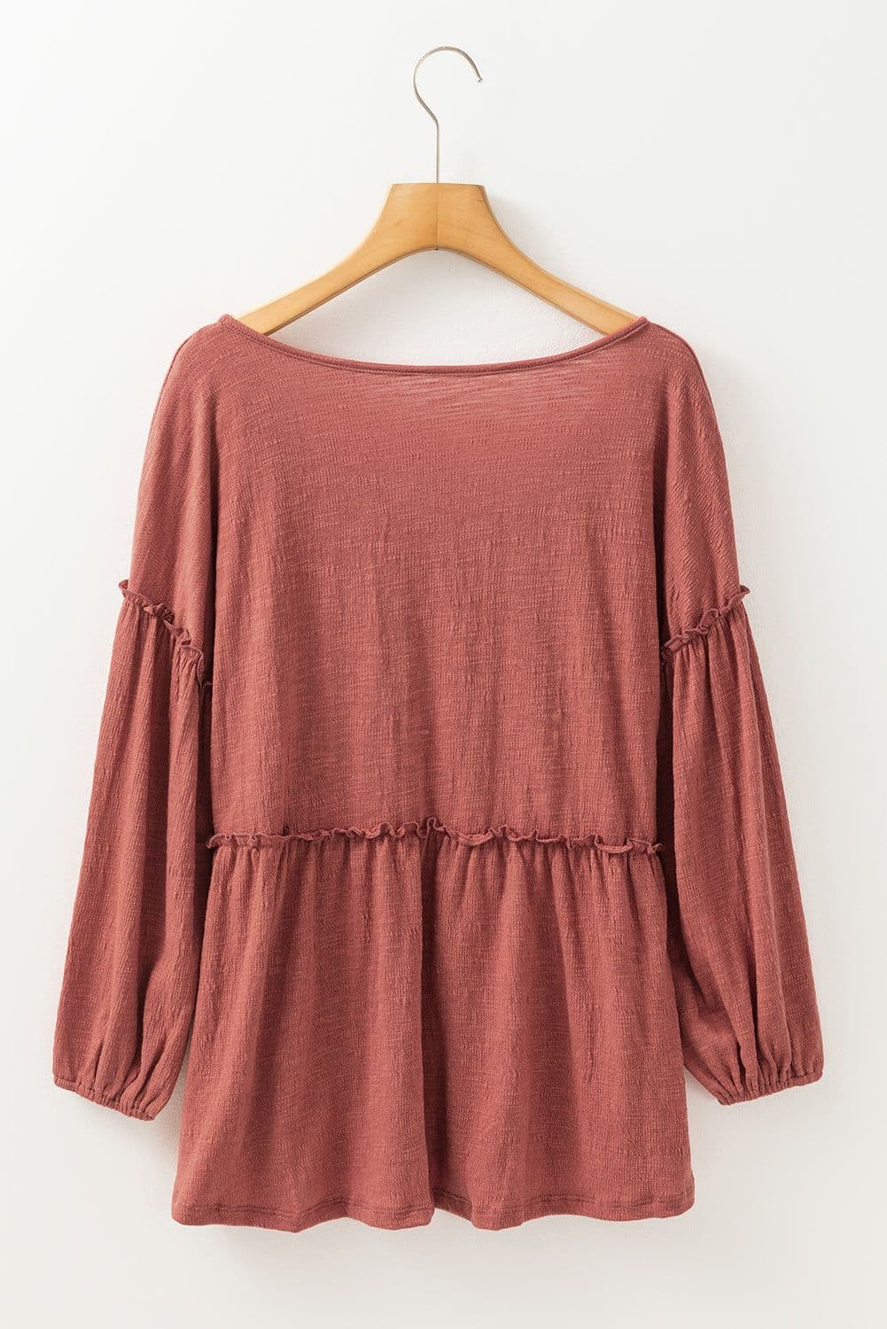 image-Mineral Red Textured Frilled Trim V Neck Blouse with Puff Sleeves