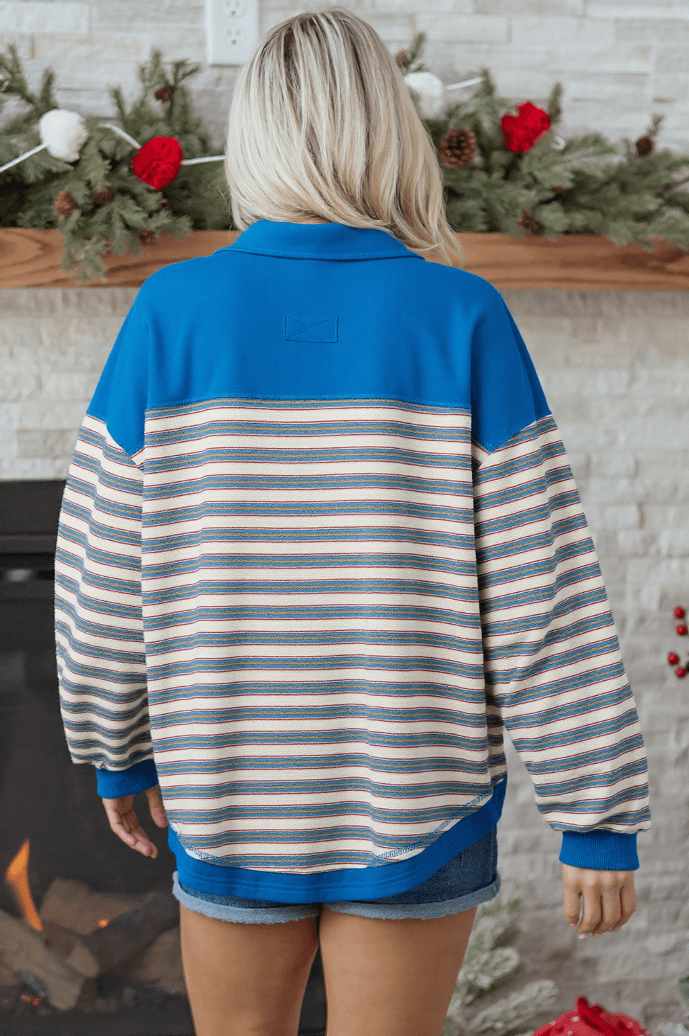 image-Red Stripe V-Neck Collared Button Top - Drop Shoulder