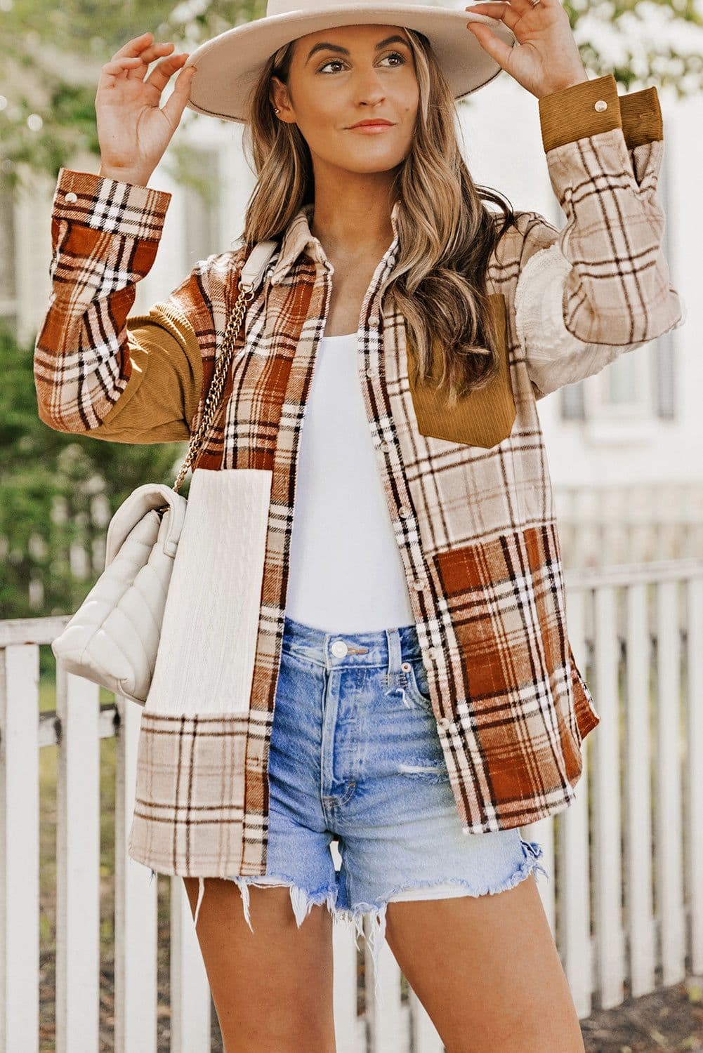 image-Plaid Color Block Patchwork Shirt Jacket - Orange, Sizes S-2XL