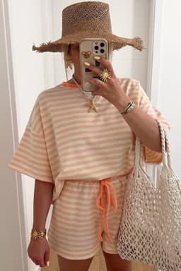image-Pink Stripe Contrast Neck Loose Tee and Drawstring Shorts Set