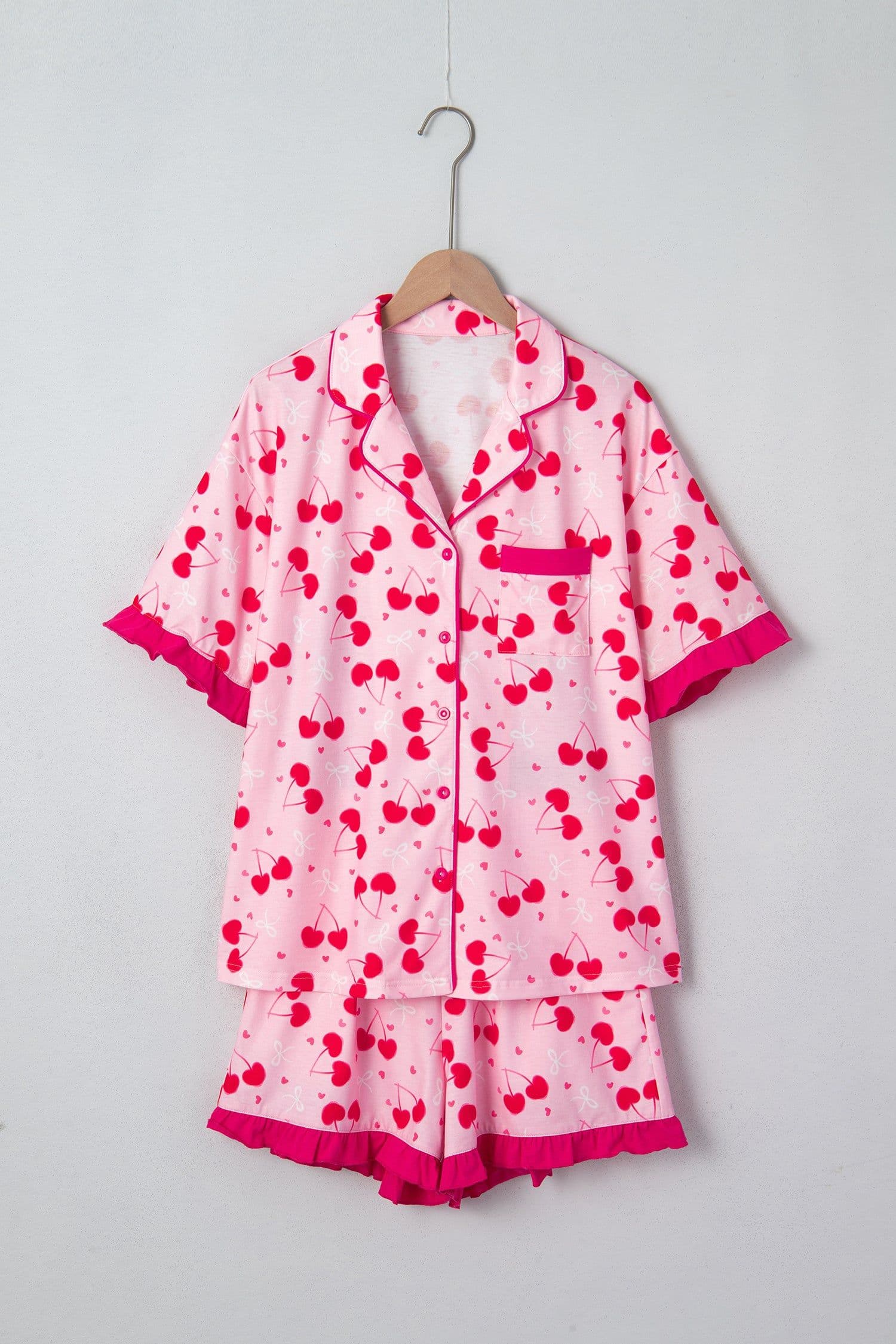 image-Rose Cherry Bow Mixed Print Scalloped Edge Short Pajama Set