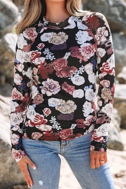 image-Pink Mesh Floral Print Mock Neck Long Sleeve Top
