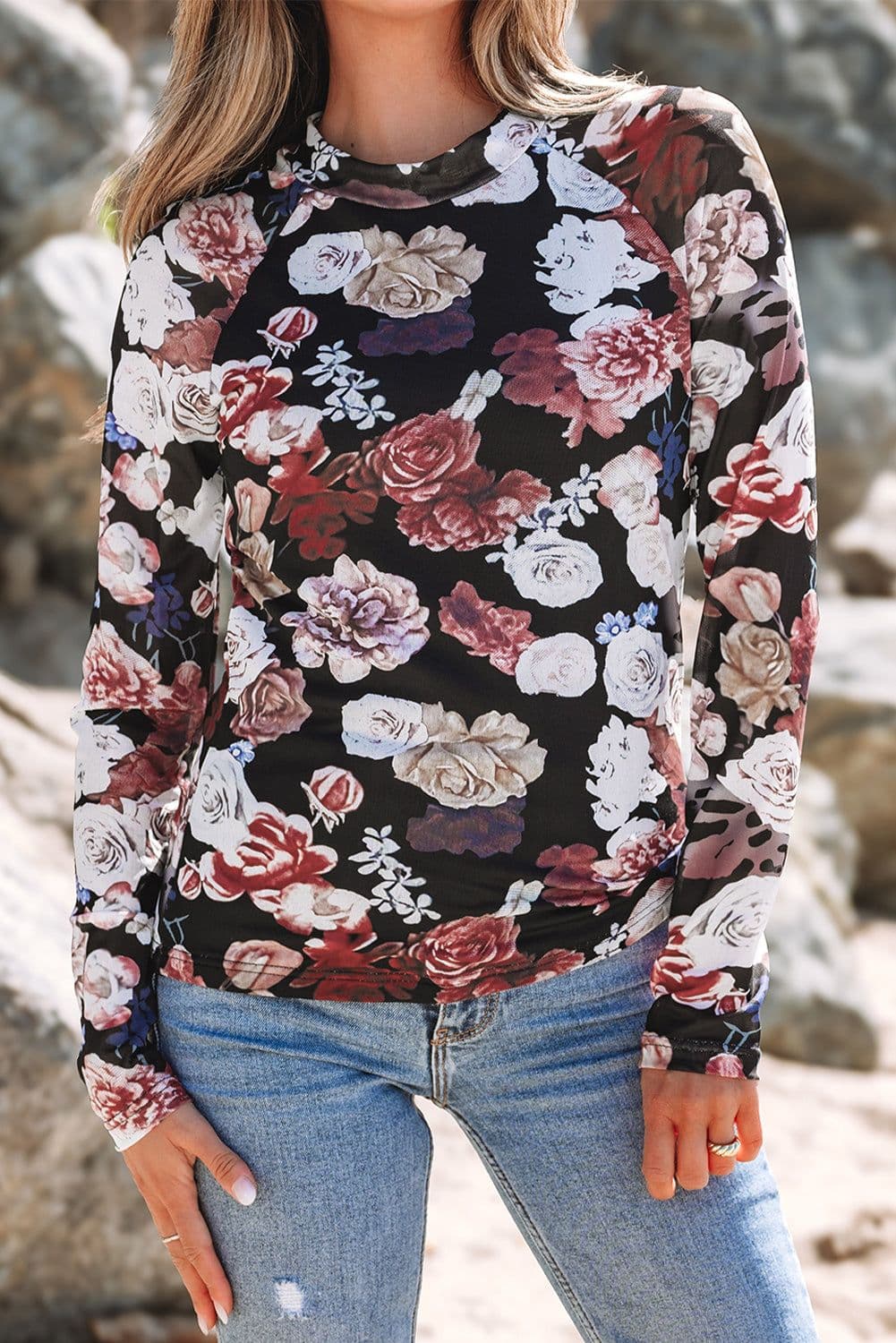 image-Pink Mesh Floral Print Mock Neck Long Sleeve Top