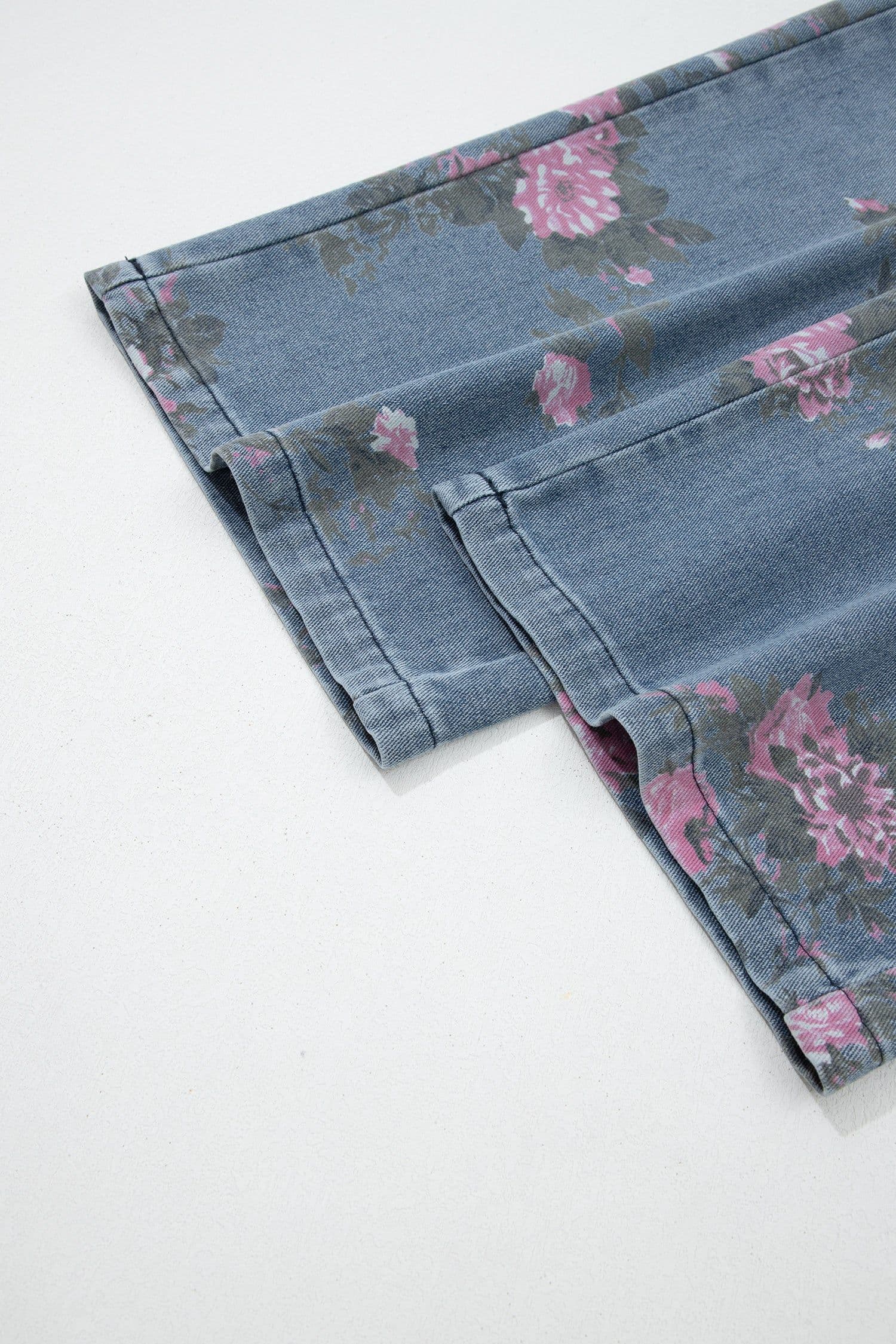 image-Blue Floral Print Elastic Waist Casual Jeans (50 characters)
