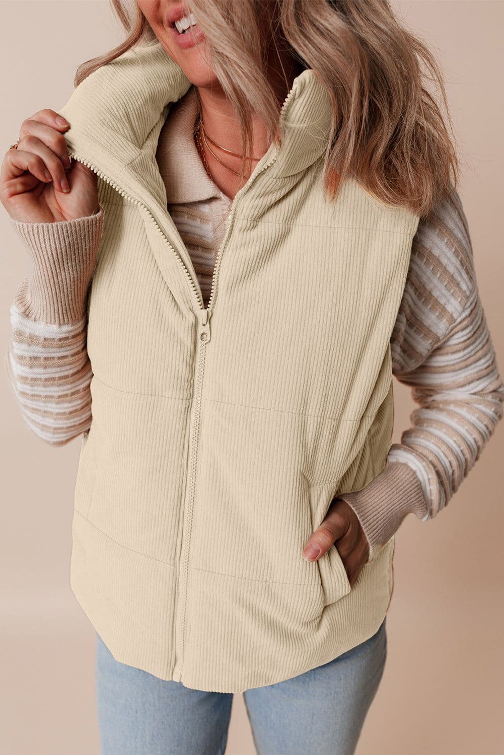 image-Beige Corduroy Puffer Vest Zip Stand Neck