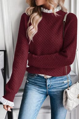 image-Burgundy Contrast Lace Frilled Trim Raglan Sleeve Sweater