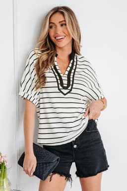 image-Blue Stripe Stand Collar V Neck Elastic Cuffs Half Sleeve Dolman Top