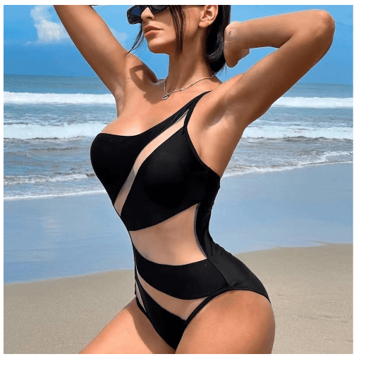 image-Women's One-Piece Swimsuit - Black High Waist