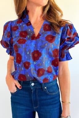 image-Floral Blouse - Blue Ruffled Short Sleeves V Neck Elegant Design