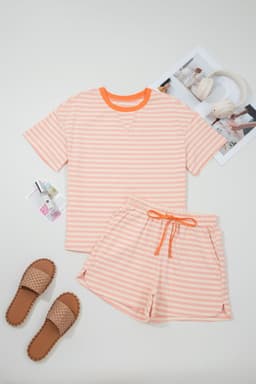 image-Pink Stripe Contrast Neck Loose Tee and Drawstring Shorts Set