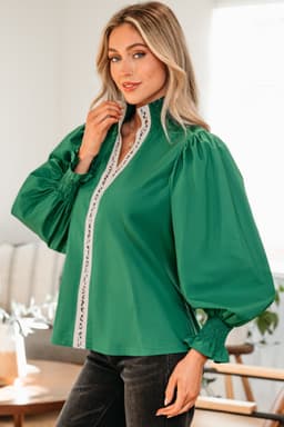 image-Evergreen Puffy Flounce Sleeve Leopard Trim V Neck Blouse
