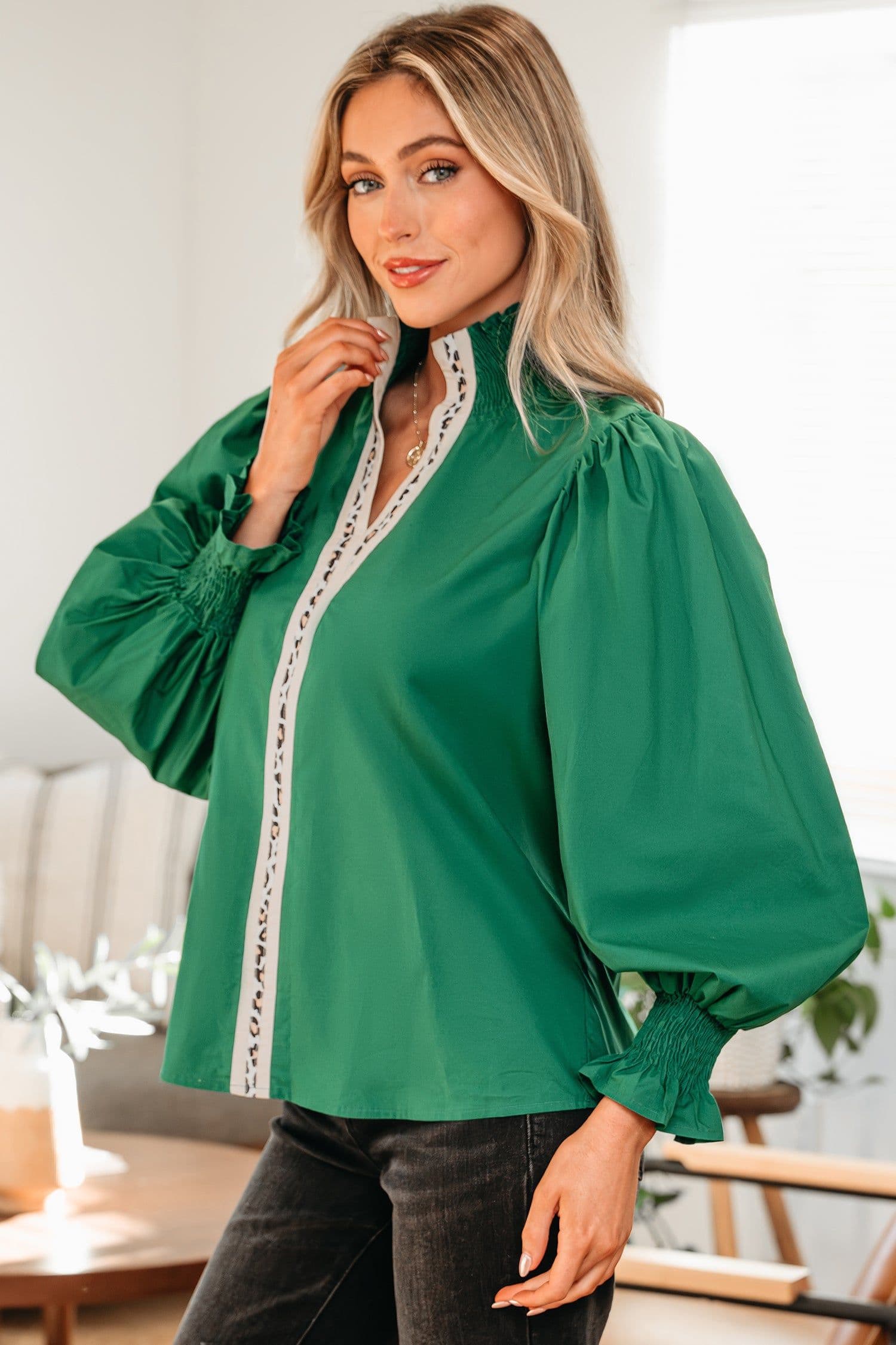 image-Evergreen Puffy Flounce Sleeve Leopard Trim V Neck Blouse