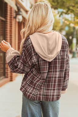 image-Gray Plaid Patchwork Hooded Long Sleeve Blouse