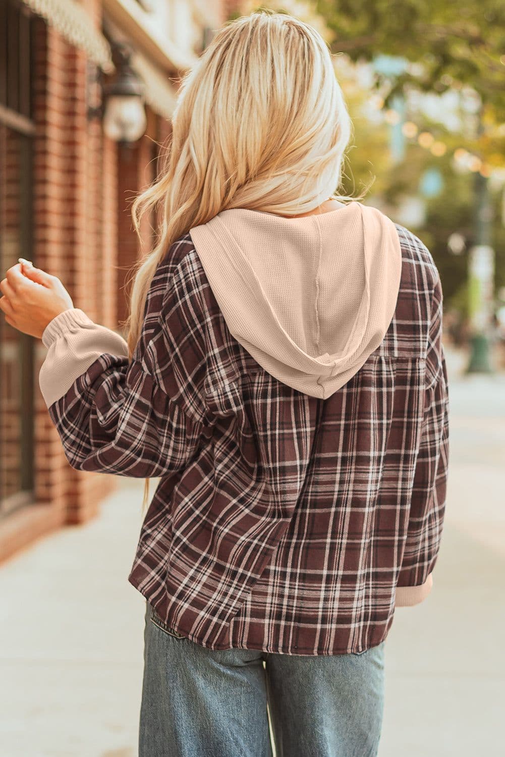 image-Gray Plaid Patchwork Hooded Long Sleeve Blouse