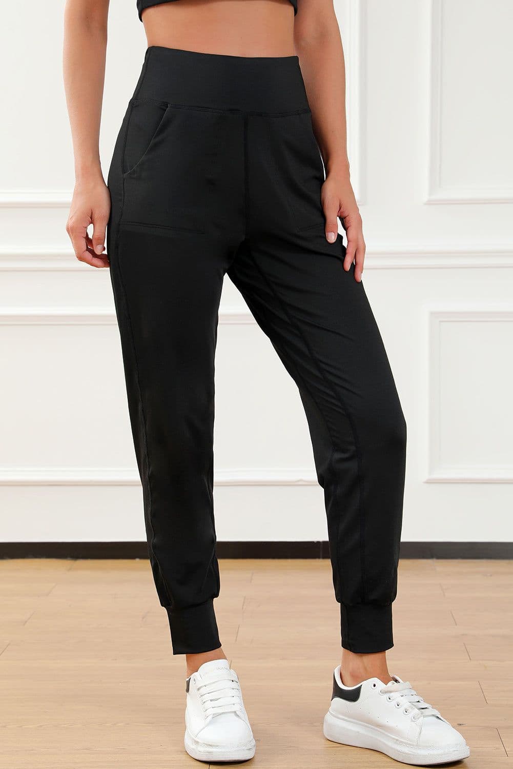 image-Black High Waist Joggers with Exposed Seam & Pockets