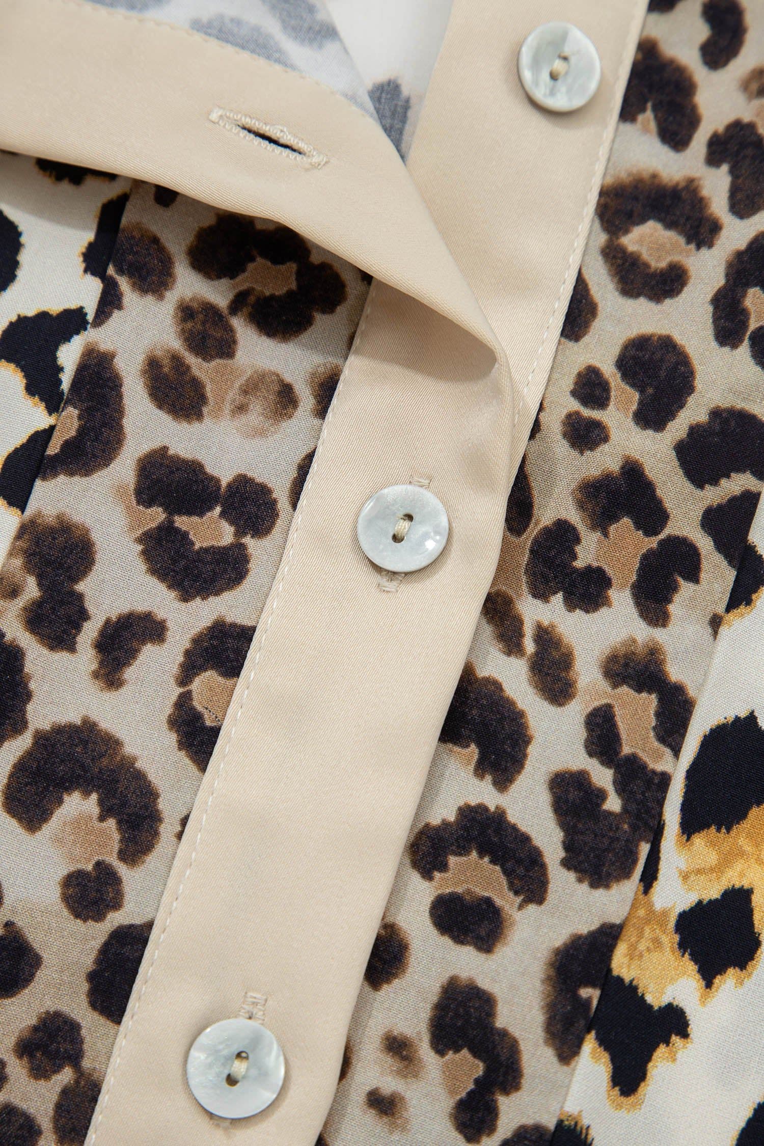 image-Khaki Mixed Leopard Patchwork 3/4 Sleeve Loose Shirt