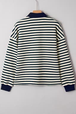 image-Navy Blue Striped Long Sleeve Top - Zip Collar