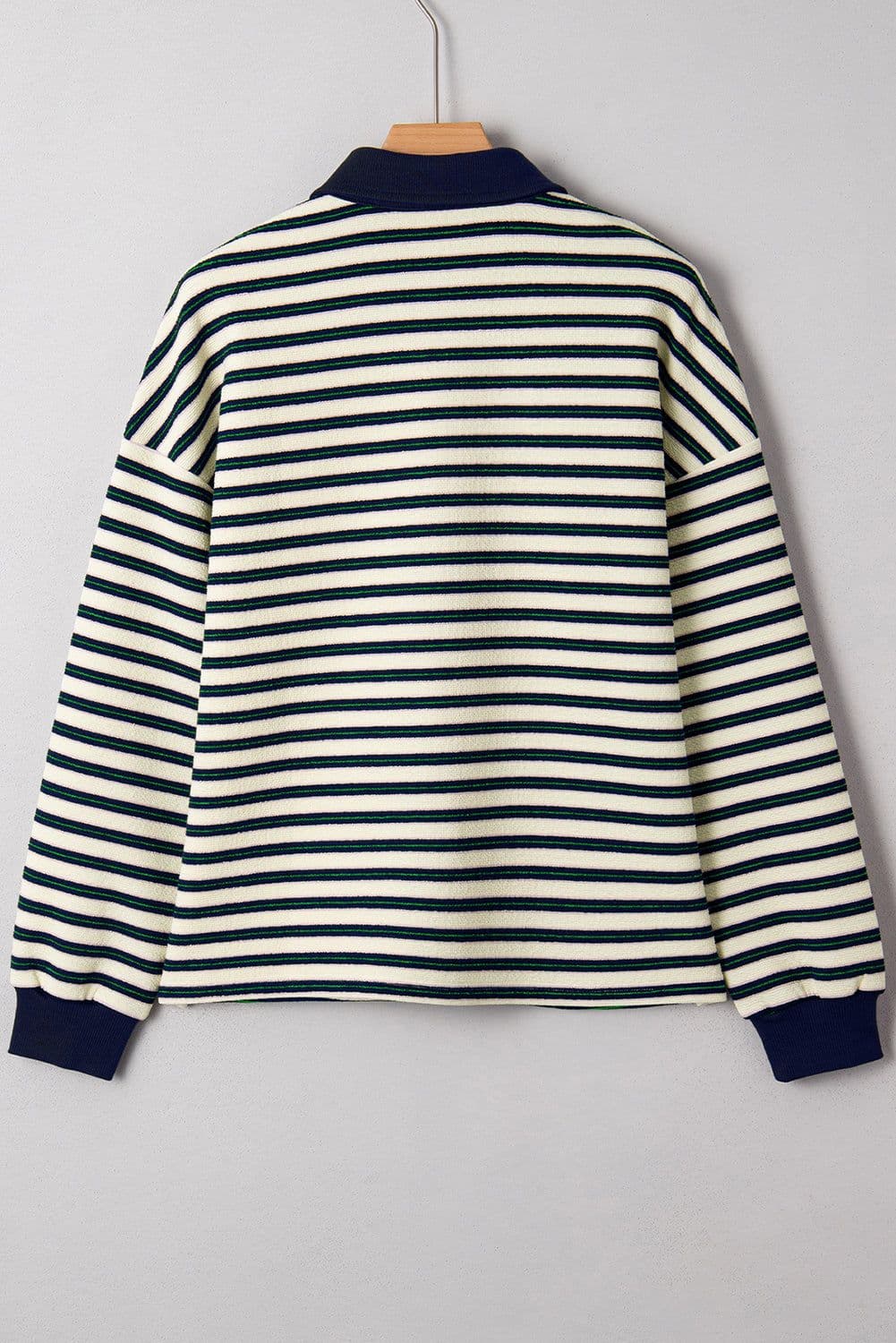 image-Navy Blue Striped Long Sleeve Top - Zip Collar