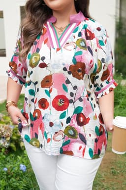 image-Pink V Neck Puff Sleeve Plus Size Floral Blouse