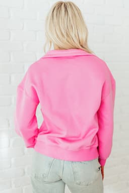 image-Bright Pink Half Button Stand Neck Drop Shoulder Sweatshirt