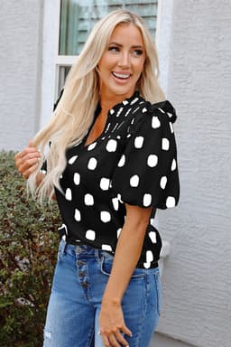 image-Rose Polka Dot Print Shirred Yoke Notched Neck Balloon Sleeve Blouse