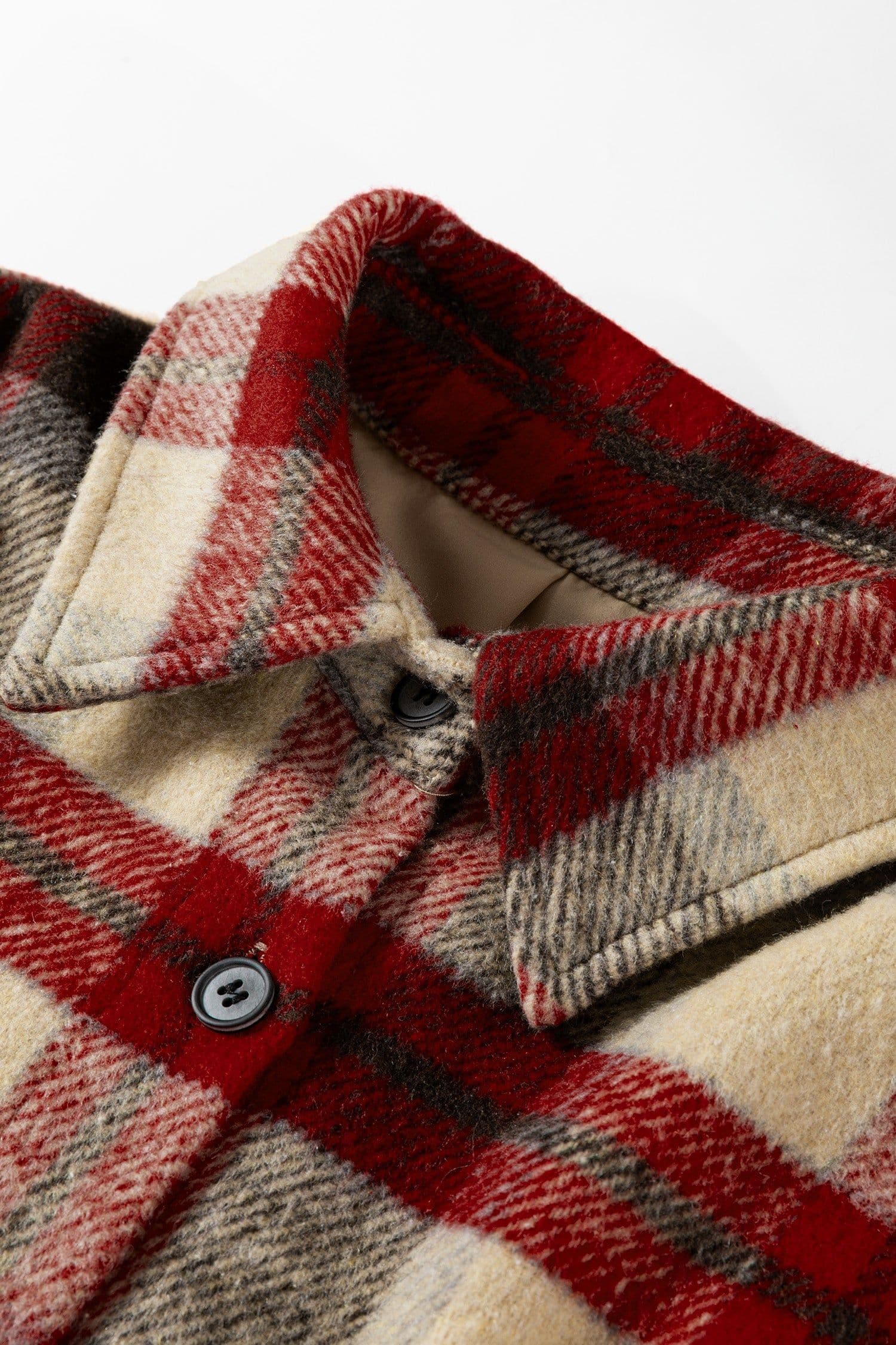 image-Red Brushed Plaid Buttoned Front Side Slit Tunic Shacket