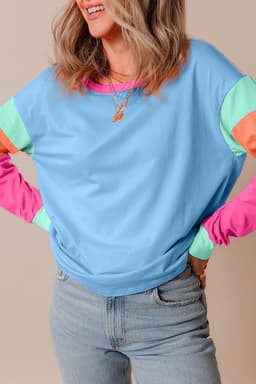 image-Dark Blue Colorblock Patchwork Long Sleeve Loose Top