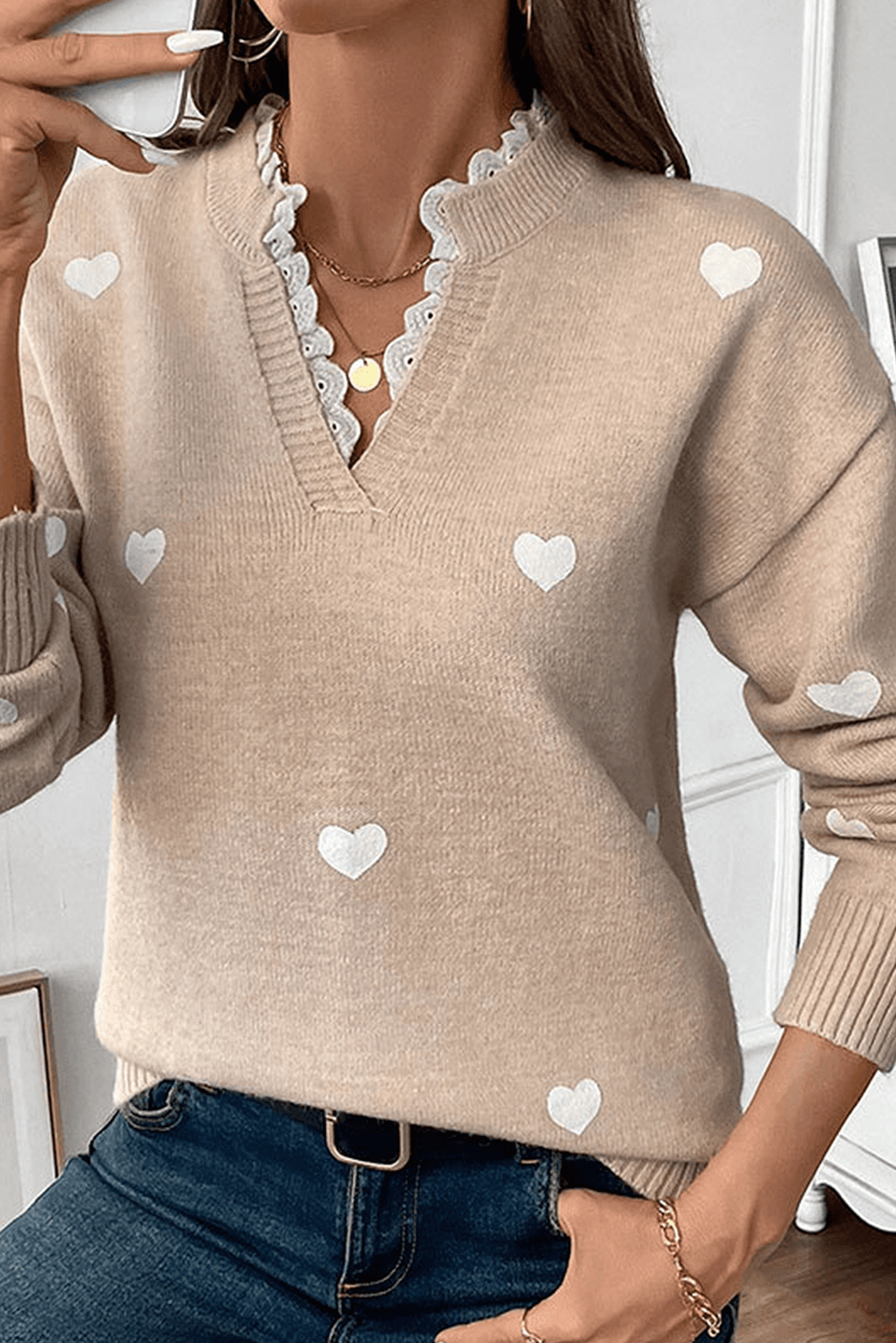 image-Smoke Gray Heart Print Lace Splicing V Neck Valentines Sweater