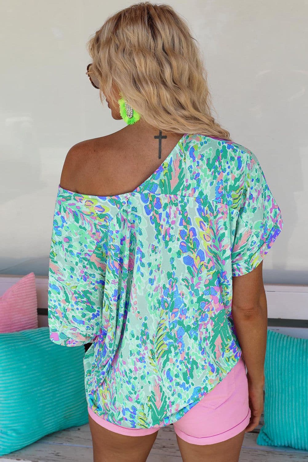 image-Green Loose Painted Floral Tee