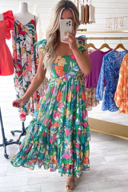 image-Green Floral Print Sleeveless Ruffle Tiered Maxi Dress