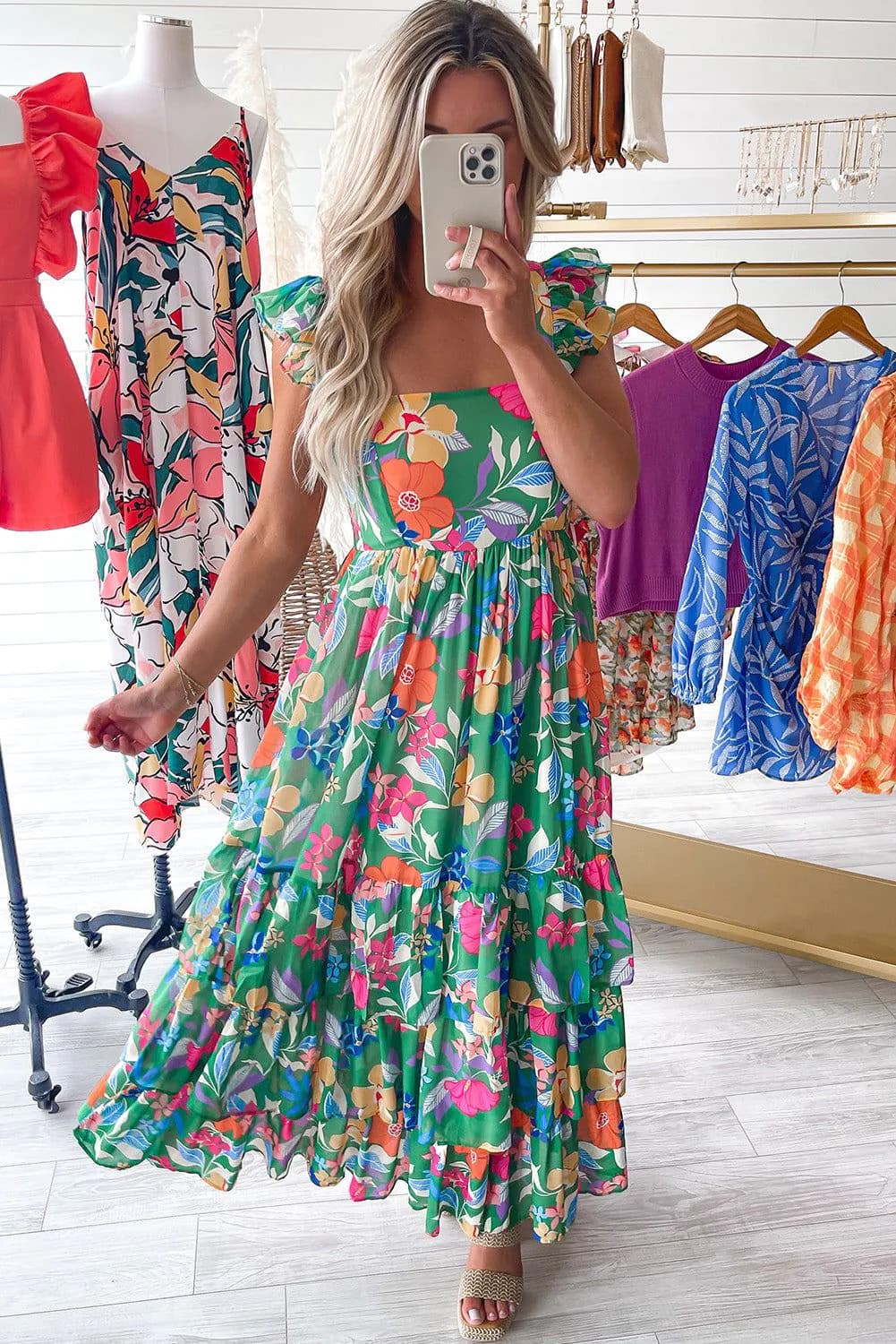image-Green Floral Print Sleeveless Ruffle Tiered Maxi Dress
