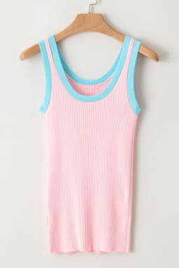 image-Pink Colorblock Edge Ribbed Knit U Neck Tank Top