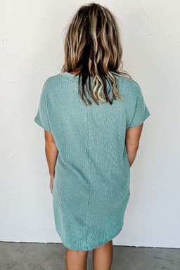 image-Blue Striped Ribbed Knit T-Shirt Shift Dress, Size Chart, Loose Fit, Fashionable Patch Pocket