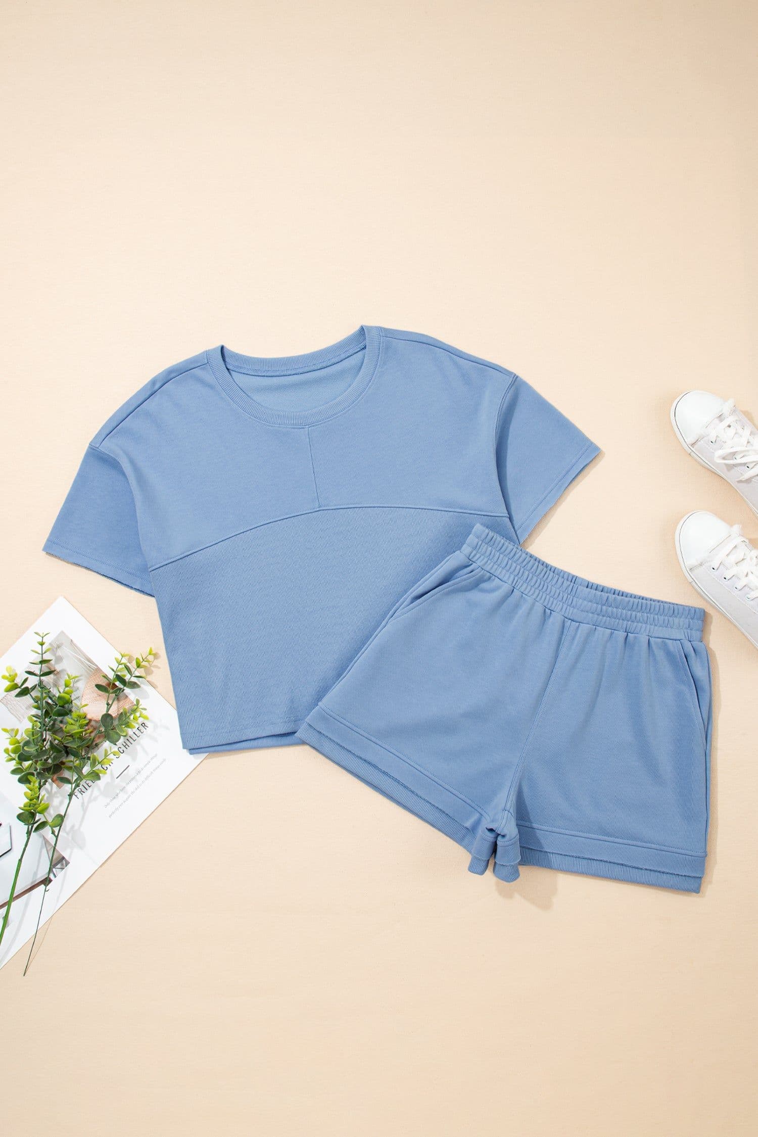 image-Jet Stream Solid Color Contrast Textured Patchwork Raw Edge 2pcs Short Set