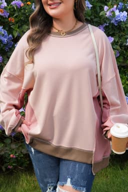 image-Light Pink Plus Color Block Waffle Sweatshirt