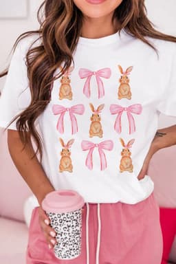 image-White Rabbit Bow Knot Print Crew Neck T-Shirt - White Easter Tee