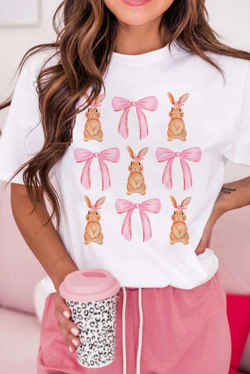 image-White Rabbit Bow Knot Print Crew Neck T-Shirt - White Easter Tee