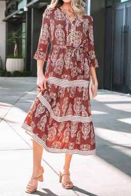 image-Brown Floral Maxi Dress - Belted Tiered Striped Trim
