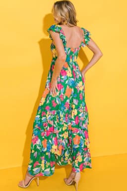 image-Green Floral Print Sleeveless Ruffle Tiered Maxi Dress