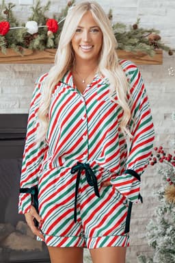 image-Green Stripe Contrast Velvet Ribbon Knot Christmas 2pcs Pajama Set