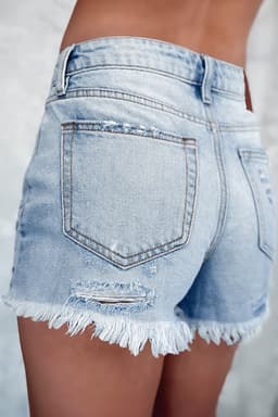 image-Light Blue Distressed Denim Shorts - High Waist Ripped