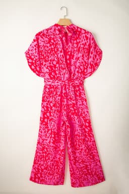 image-Leopard Print Wide Leg Jumpsuit - Rose Belted Loose Fit