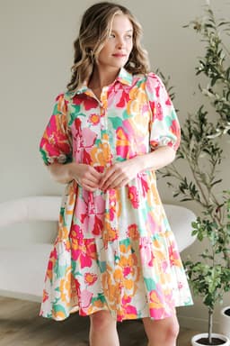 image-Pink Floral Puff Sleeve Collar Buttoned Babydoll Dress
