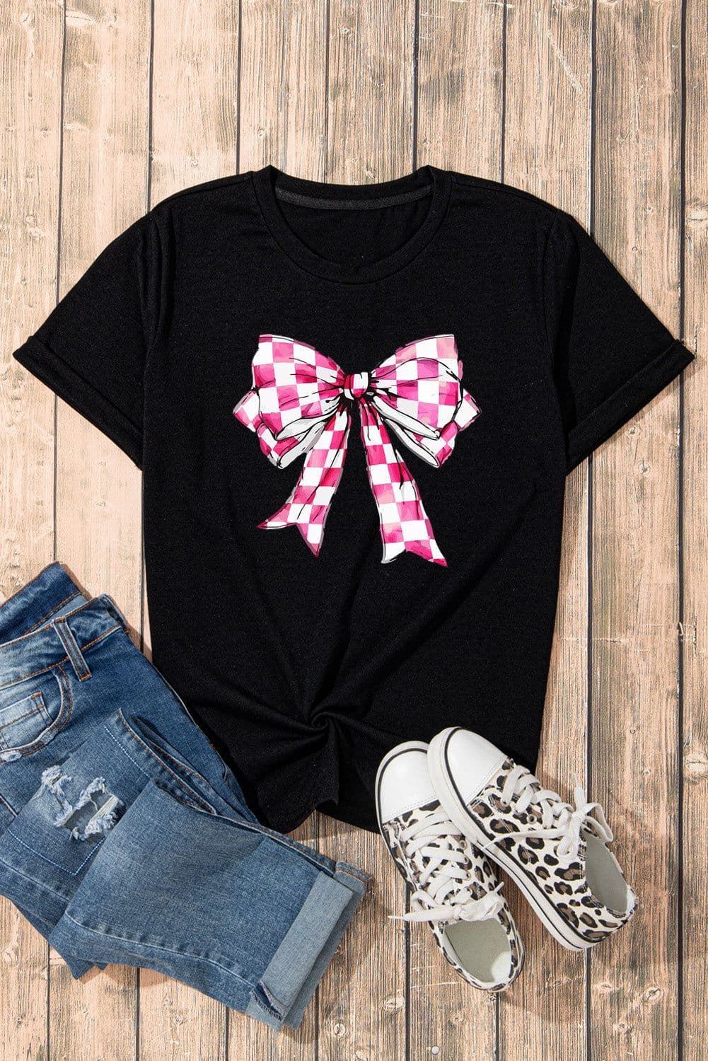 image-Black Bowknot Graphic Crewneck T-Shirt - Trendy, Comfortable