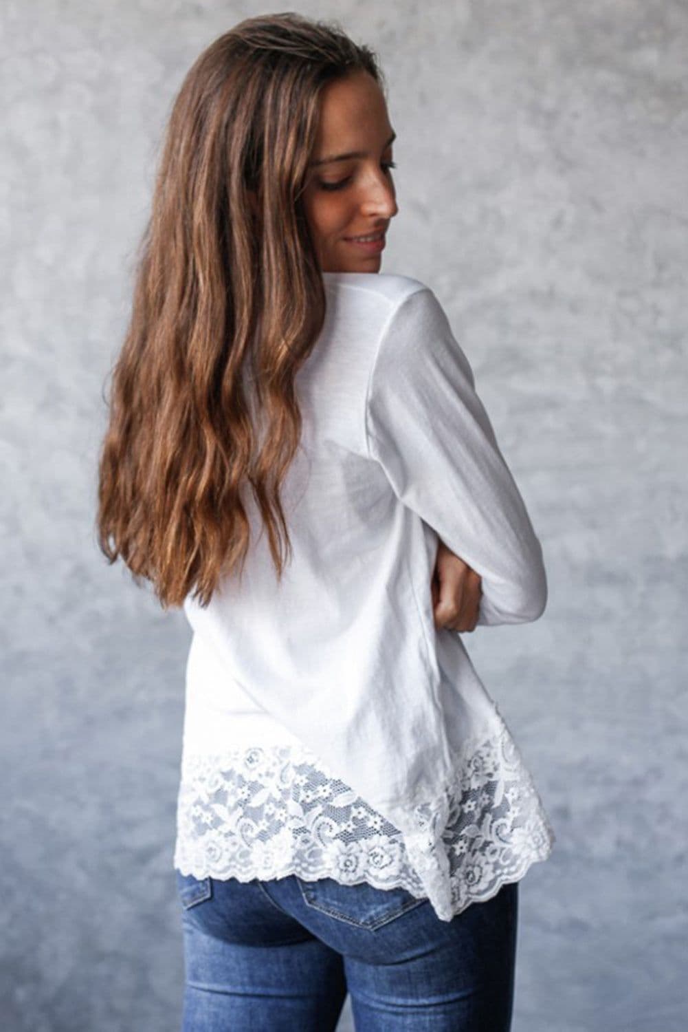 image-White Lace Trim V Neck Long Sleeve Top