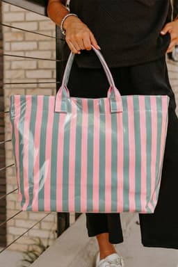 image-Black Glossy Striped Vinyl Large Tote Bag