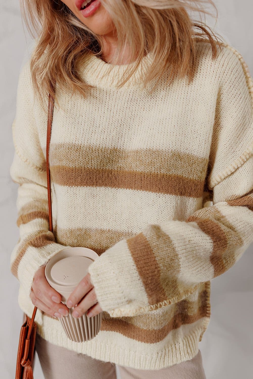 image-Khaki Stripe Knit Sweater - Drop Shoulder Exposed Seam