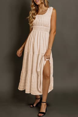 image-Rose Shirred Pleated Square Neck Sleeveless Midi Dress